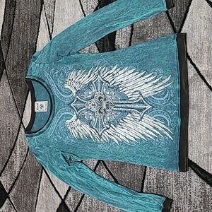 VOCAL RHINESTONES FLEUR-DE-LIS WINGS ACID-WASH LONG-SLEEVE SHIRT